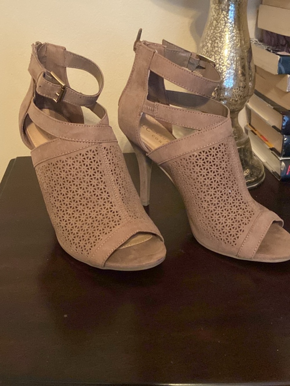 LC Lauren Conrad Taupe Laser-Cut Suede Peep-Toe Ankle Strap Heels